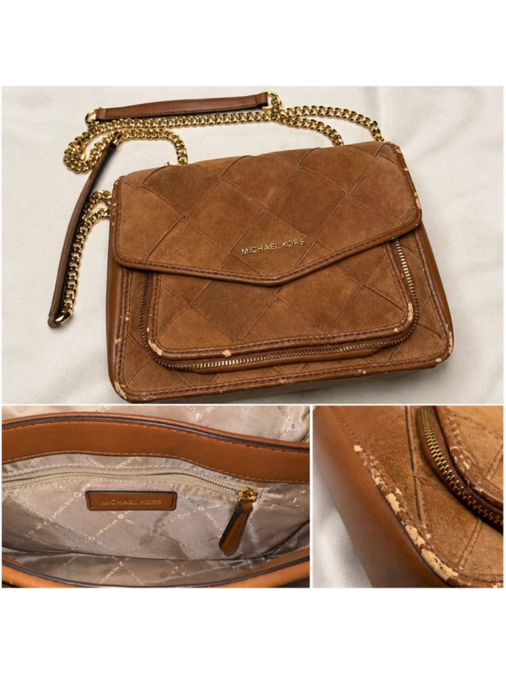Michael Kors Regina Quilted Leather Flap Bag Brown Gold Chain Crossbody